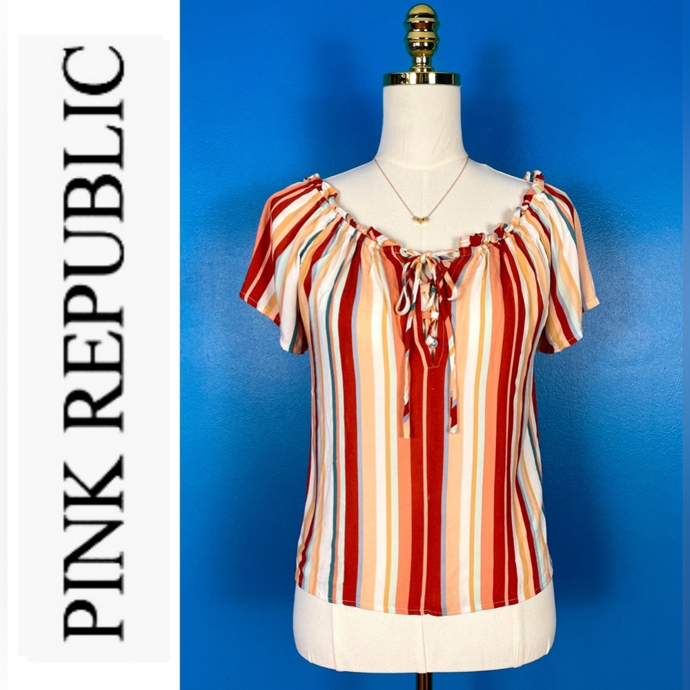 PINK REPUBLIC Cropped Lace-Up Peasant Top in Rust Stripe, Size XS